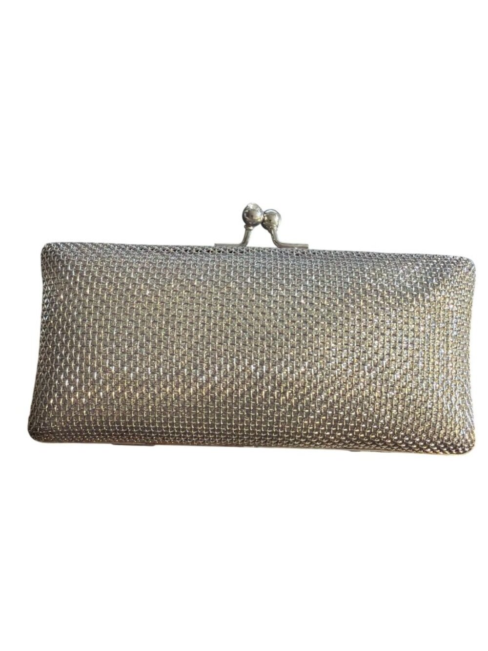 Silver Tone Mesh Clutch Evening Bag Kisslock Clear Rhinestones Chain Straps